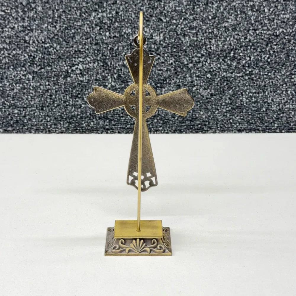 Celtic Cross Ornament with Stand Antique‎ Brass Brown Enamel Rhinestone 5 Inch